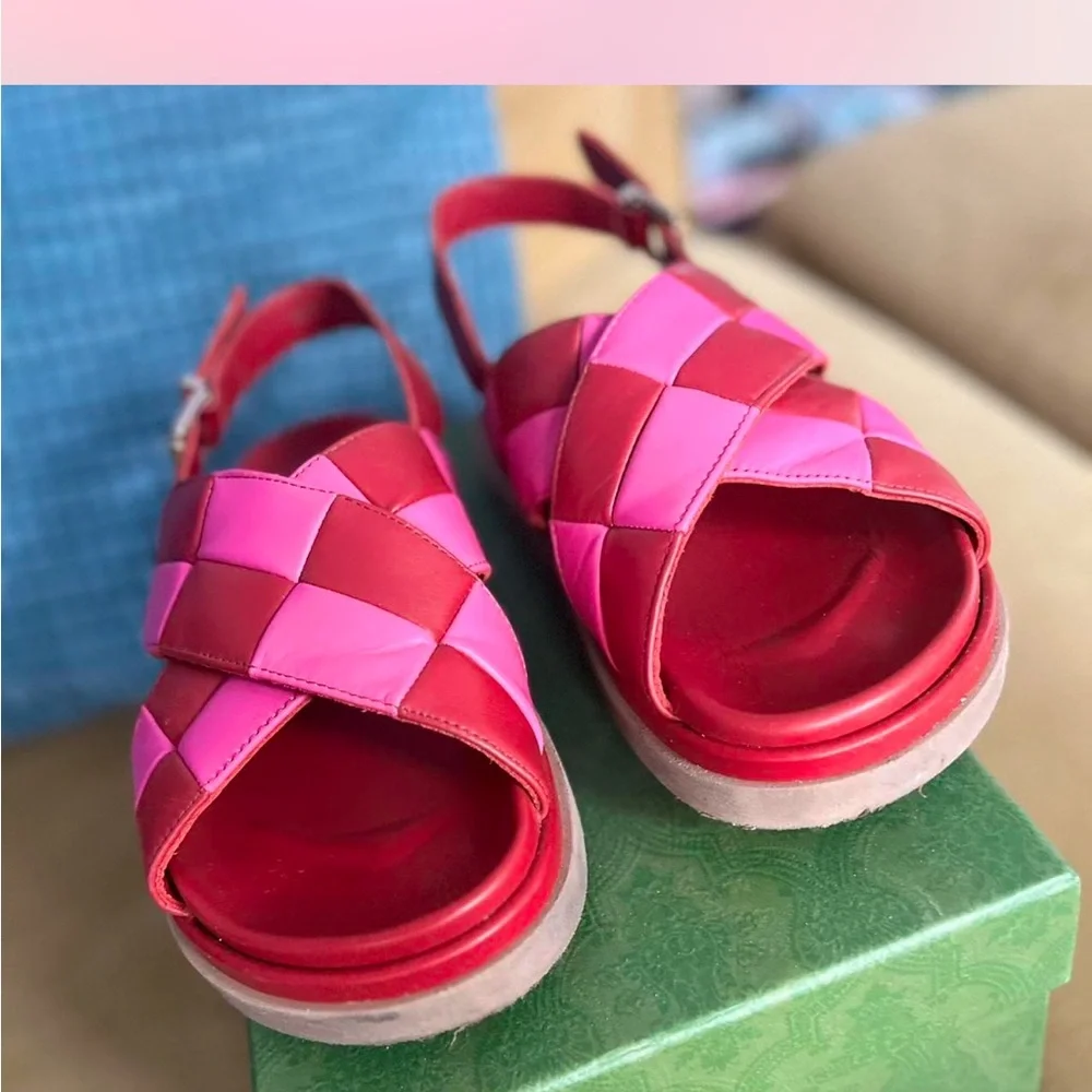 Alohas Leather Marshmallow Red and Pink Woven Checkered Sandals - Picture 4 of 4